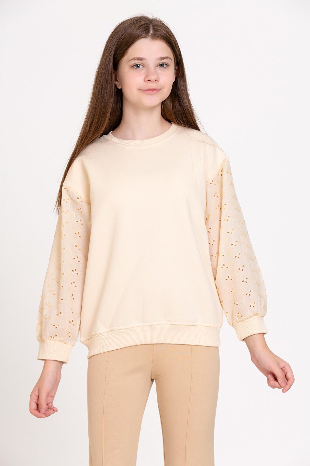 Girl's Cream Lace Sleeved Sweatshirt Age 4-12 - 23176-2