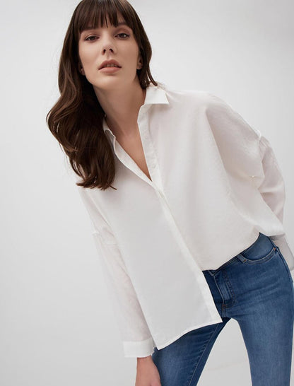 White Loose Cut Low Sleeve Long Back Woven Shirt