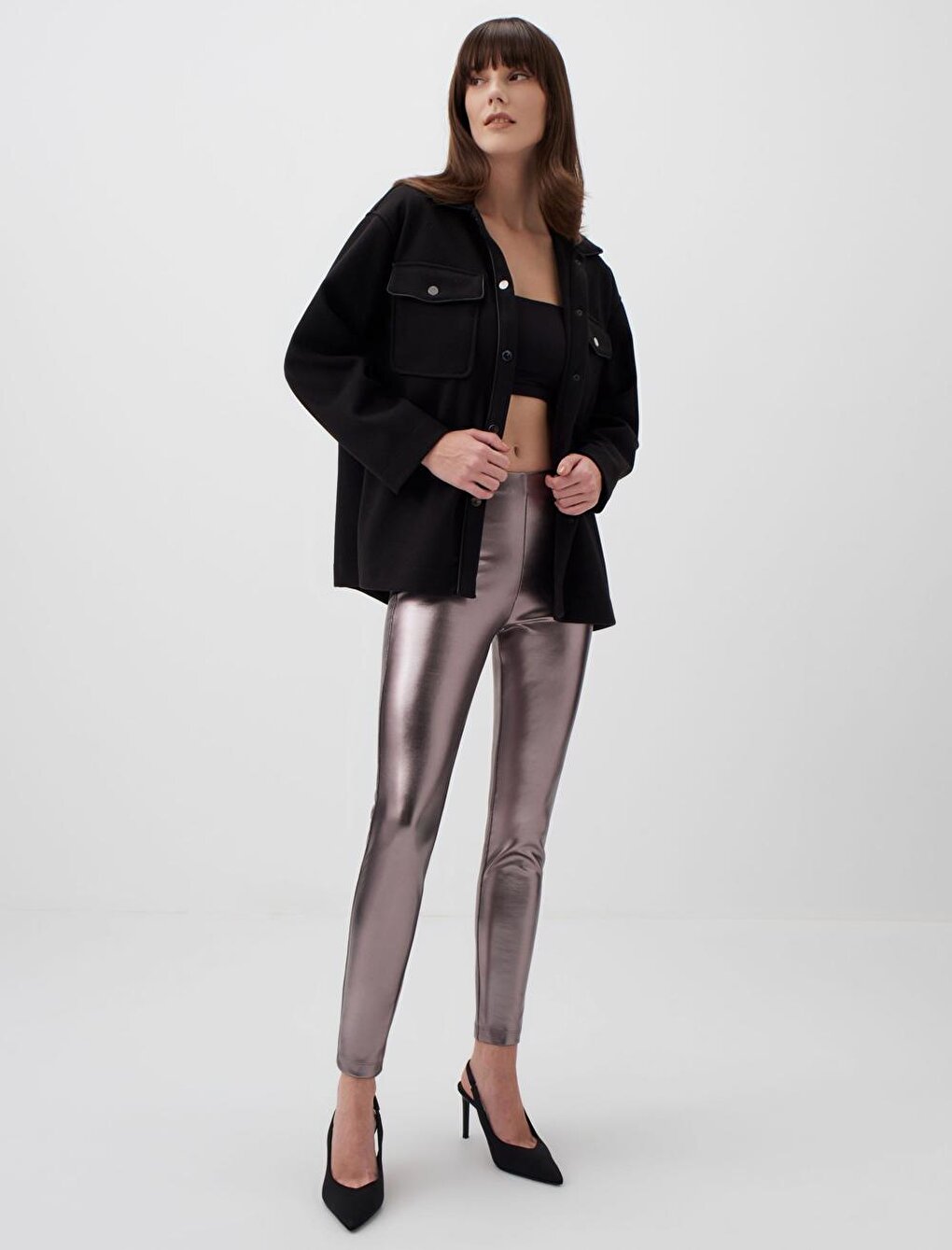 Dark Silver High Waist Narrow Leg Foil Printed Tights