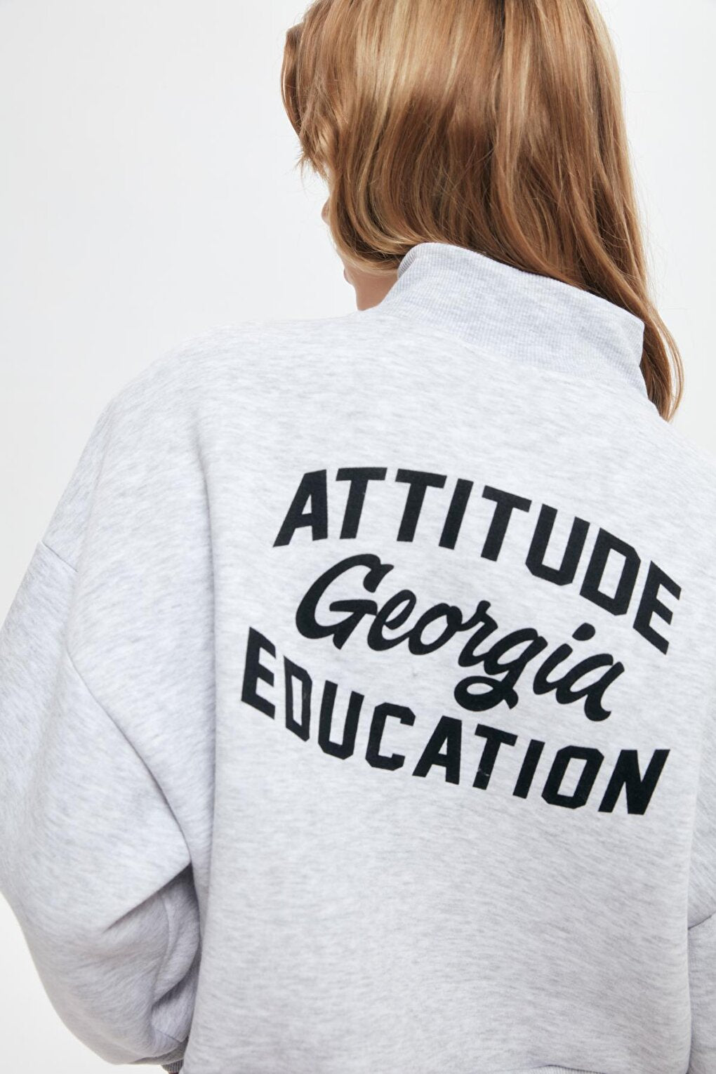 Crop Sweatshirt Gray with Text Printed on the Back