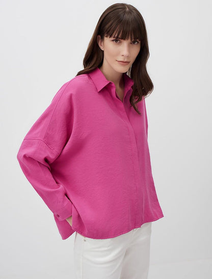 Pink Loose Cut Low Sleeve Long Back Woven Shirt