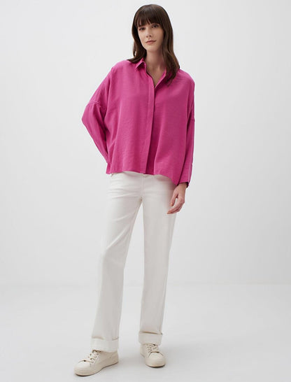 Pink Loose Cut Low Sleeve Long Back Woven Shirt