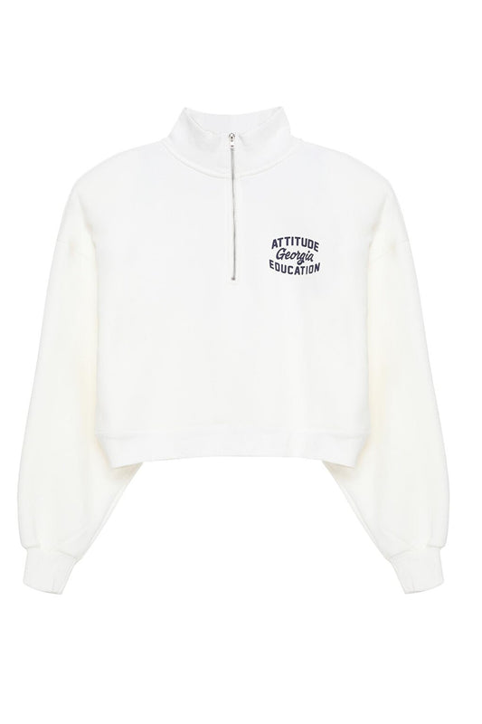 Crop Sweatshirt Ecru with Text Printed on the Back