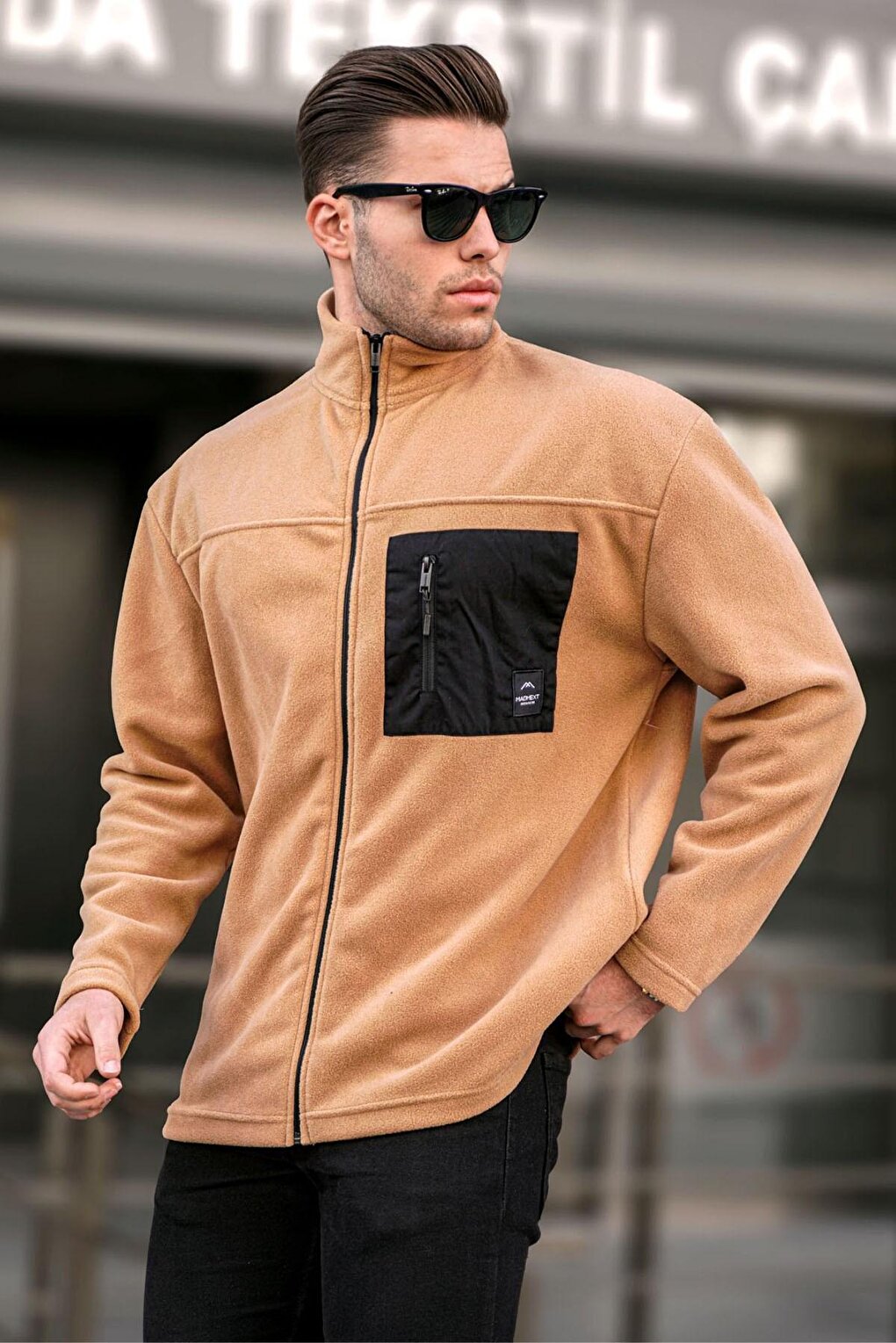 Camel Stand Collar Zippered Windproof Outdoor Men's Fleece Sweatshirt 6046