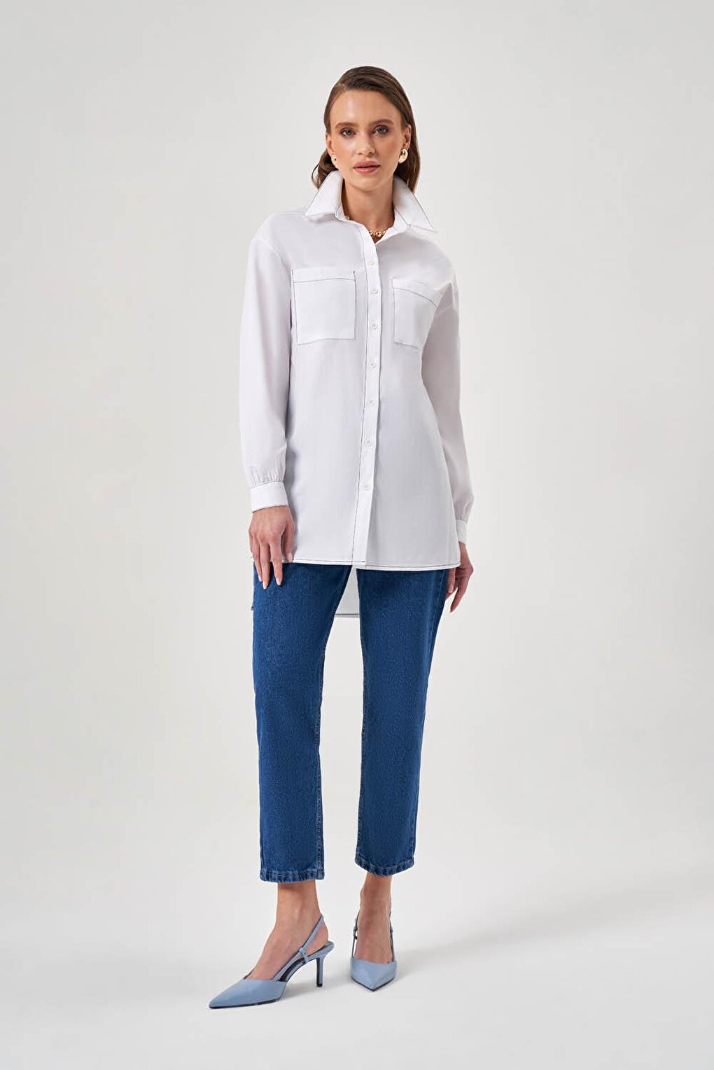 Long Back Poplin White Shirt