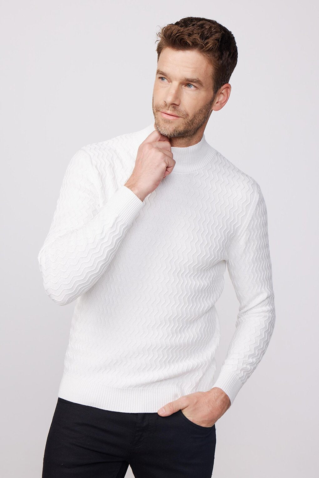 Slim Fit Narrow Cut Half Turtleneck Patterned White Men's Pilling-Free Sweater