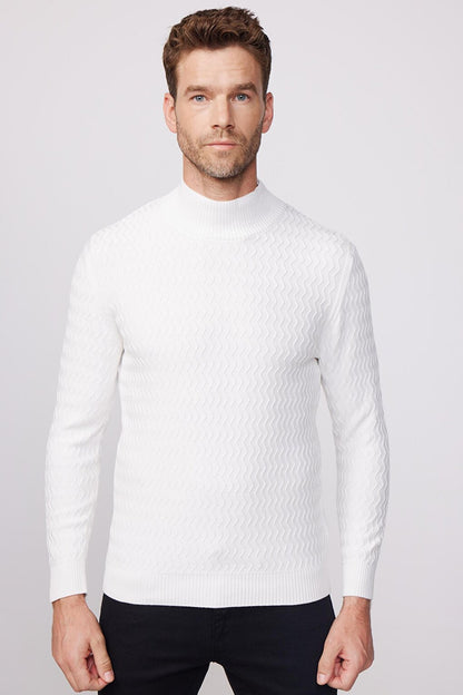 Slim Fit Narrow Cut Half Turtleneck Patterned White Men's Pilling-Free Sweater