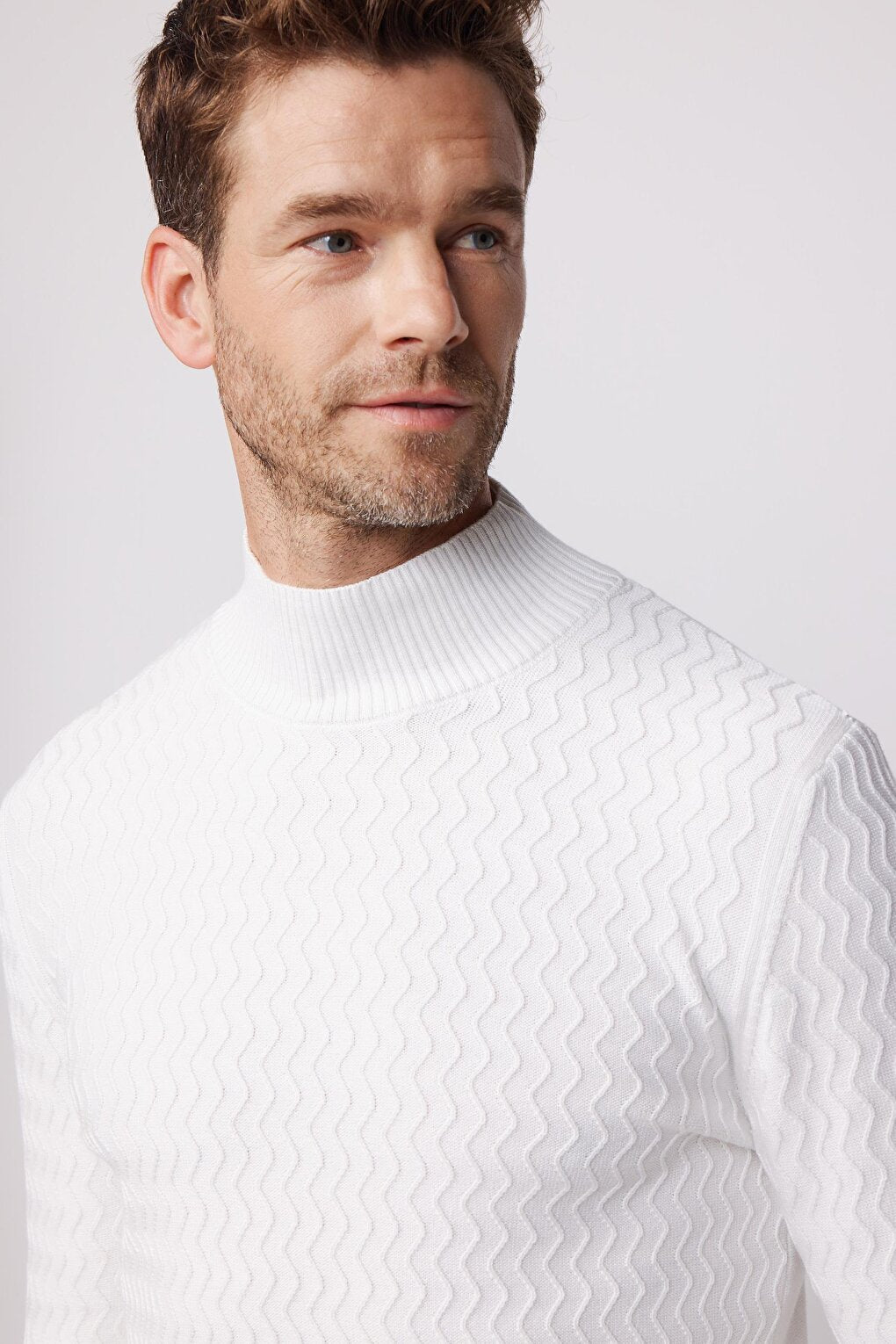 Slim Fit Narrow Cut Half Turtleneck Patterned White Men's Pilling-Free Sweater