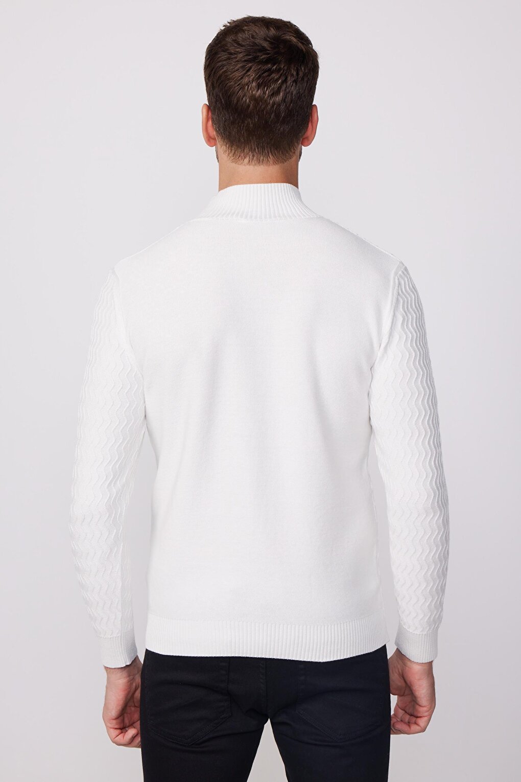 Slim Fit Narrow Cut Half Turtleneck Patterned White Men's Pilling-Free Sweater