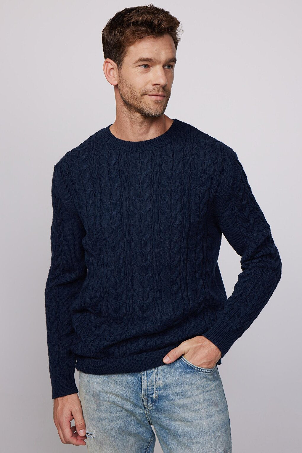 Slim Fit Crew Neck Patterned Navy Blue Men's Sweater