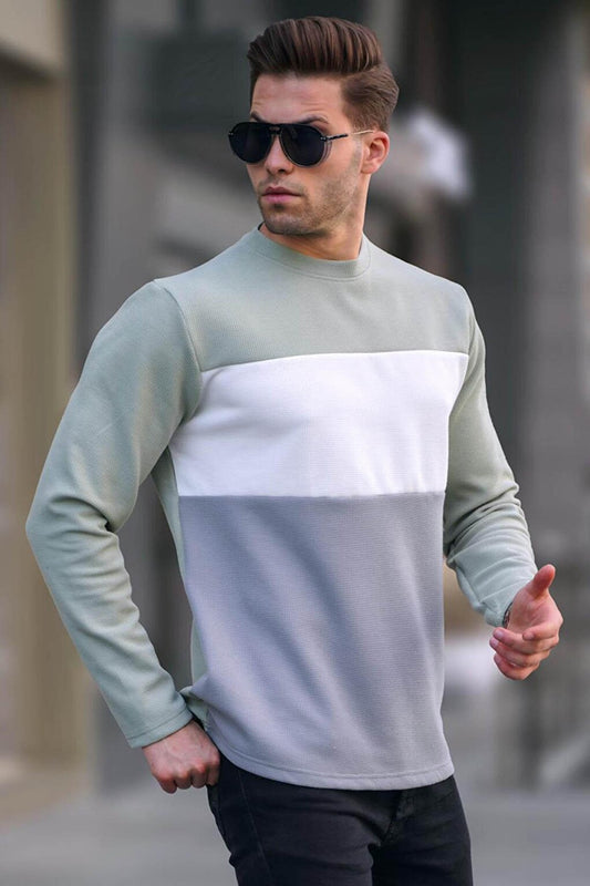 Mint Green Color Blocked Crew Neck Sweatshirt 6015