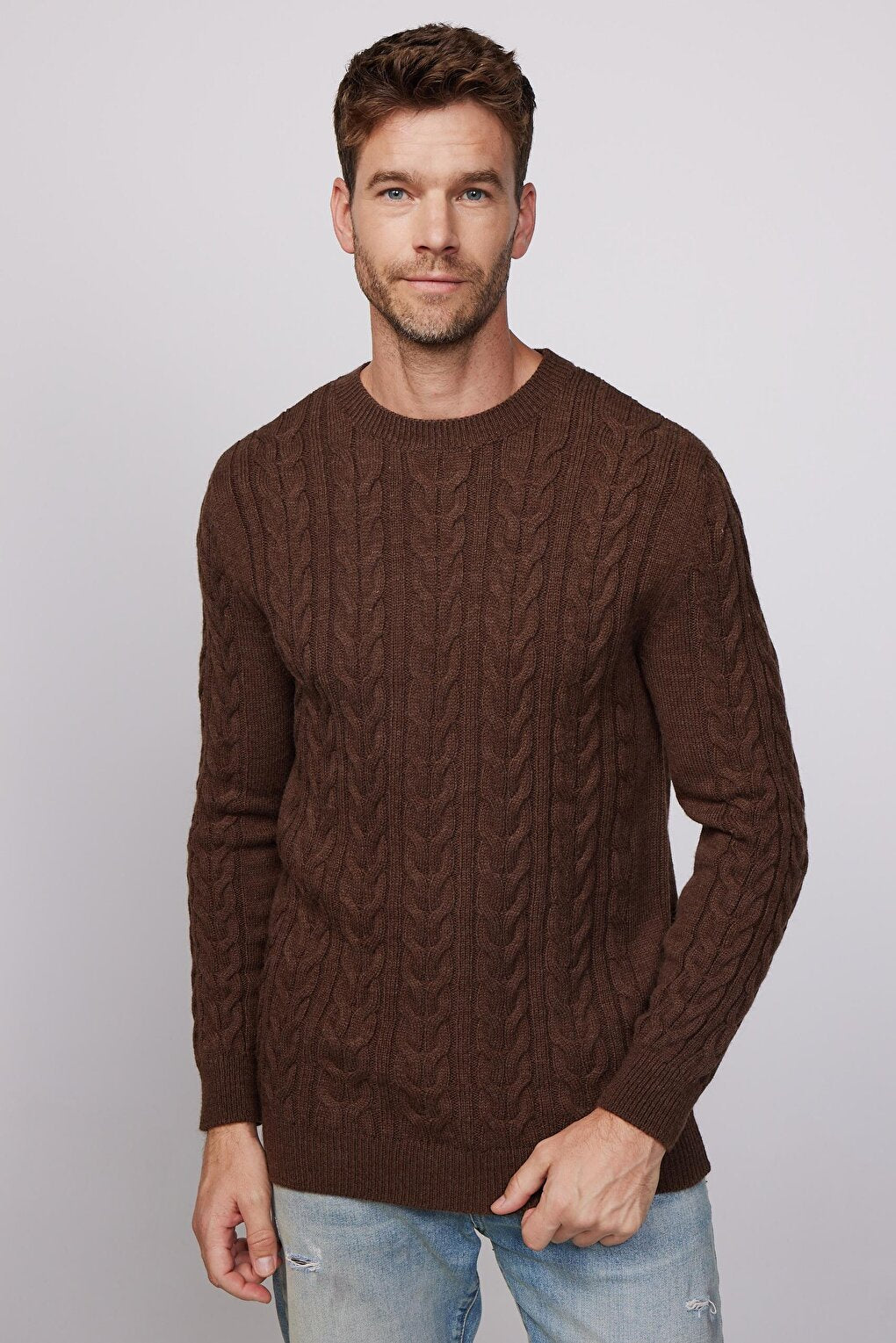 Slim Fit Crew Neck Patterned Brown Men's Sweater