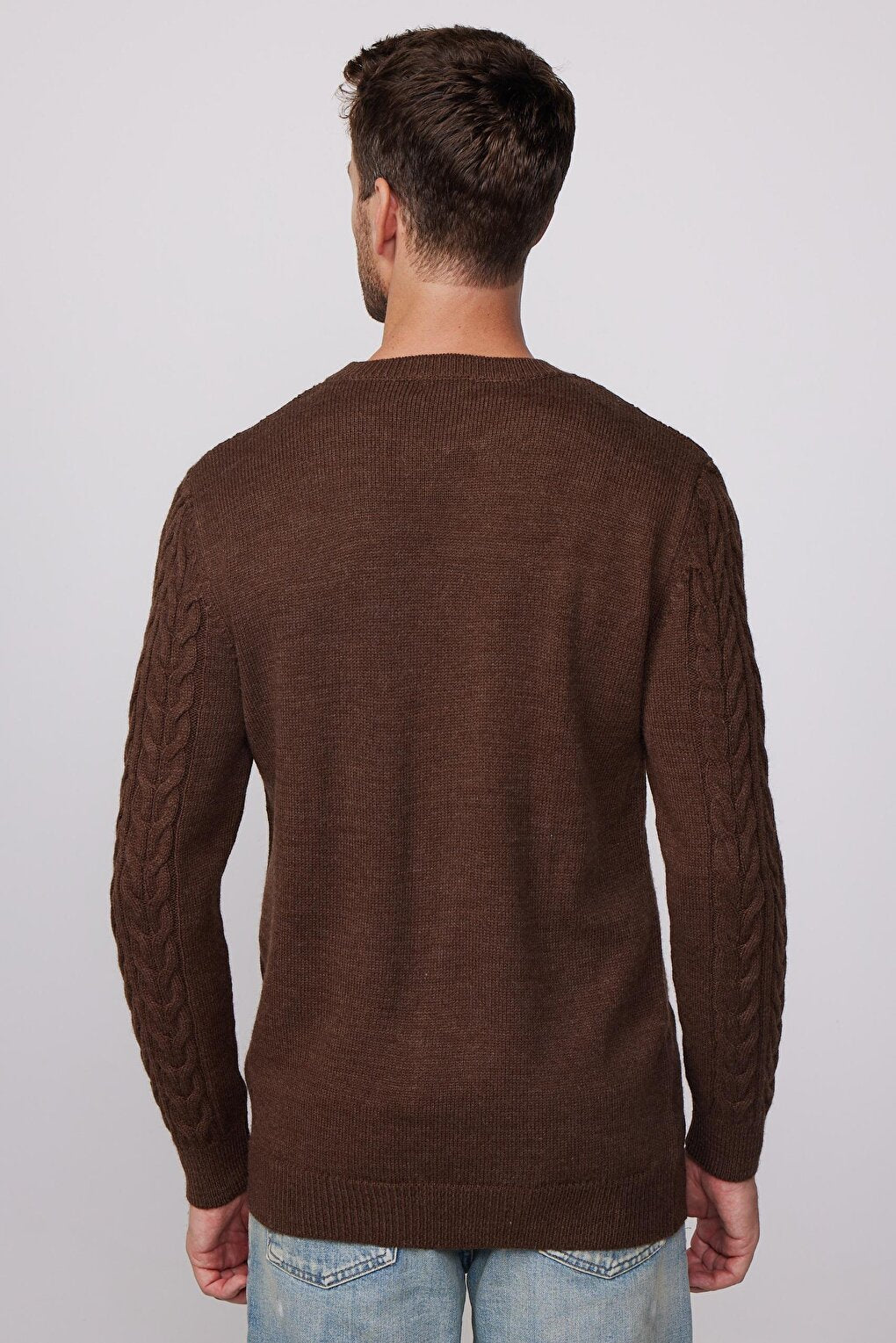 Slim Fit Crew Neck Patterned Brown Men's Sweater