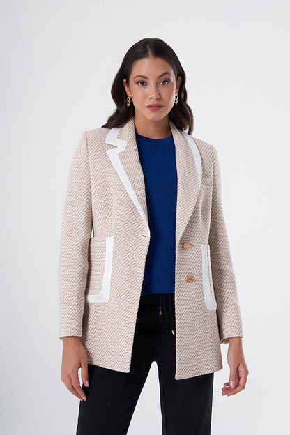 Beige Jacket with Collar and Pocket Piping