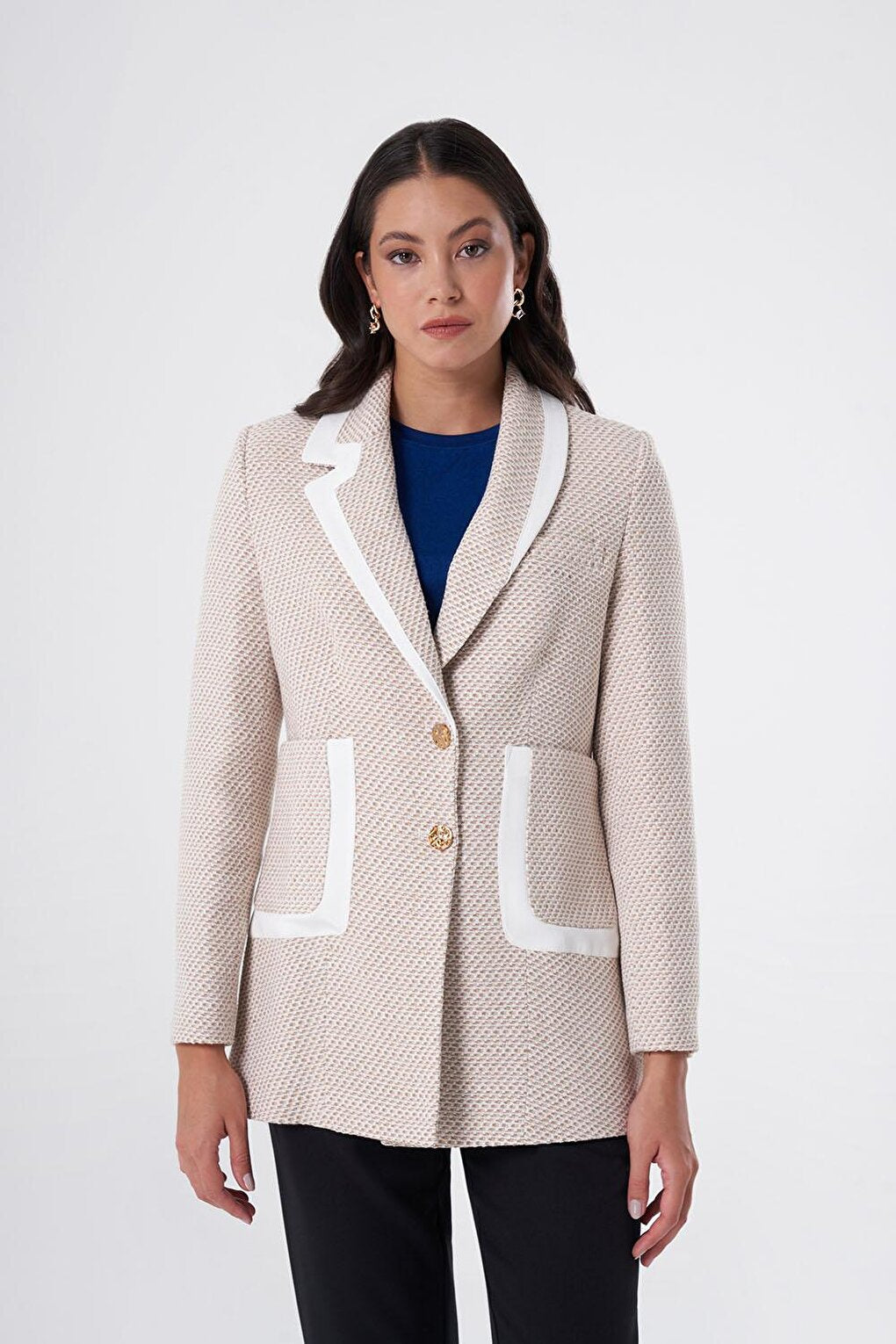 Beige Jacket with Collar and Pocket Piping