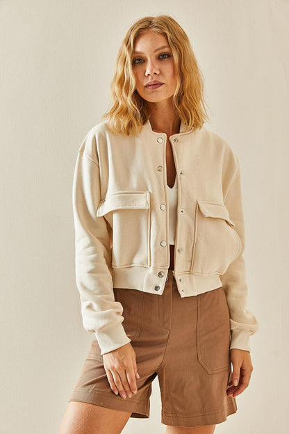 Cream Snap Buttoned Crop Bomber Jacket 3YXK4-47551-22