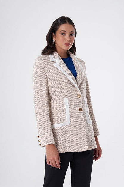 Beige Jacket with Collar and Pocket Piping