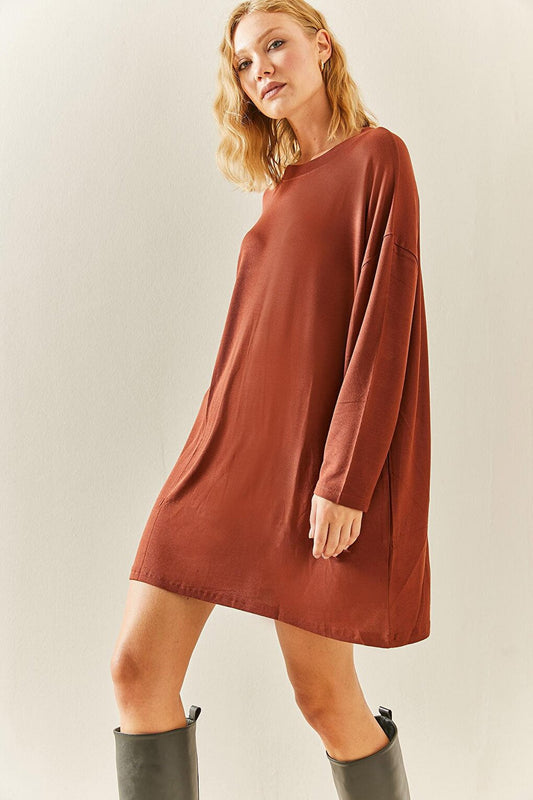 Brown Crew Neck Flowy Knitted Dress 3YXK6-47544-18