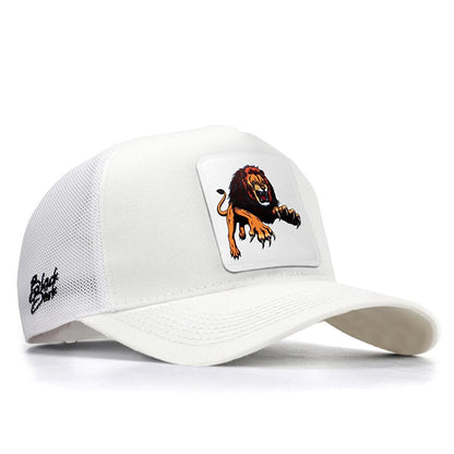 V1 Trucker Lion - Unisex White Hat (Cap) with 5 Code Logo