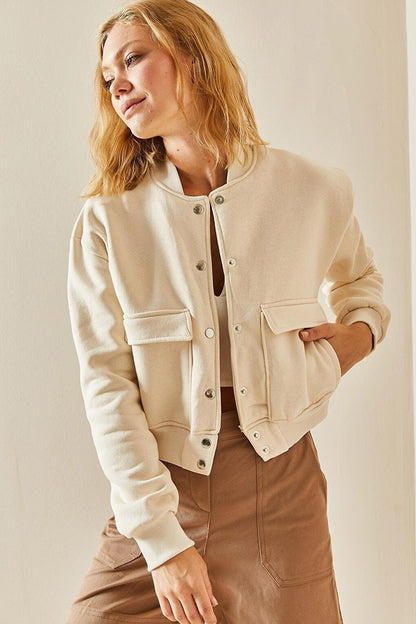 Cream Snap Buttoned Crop Bomber Jacket 3YXK4-47551-22