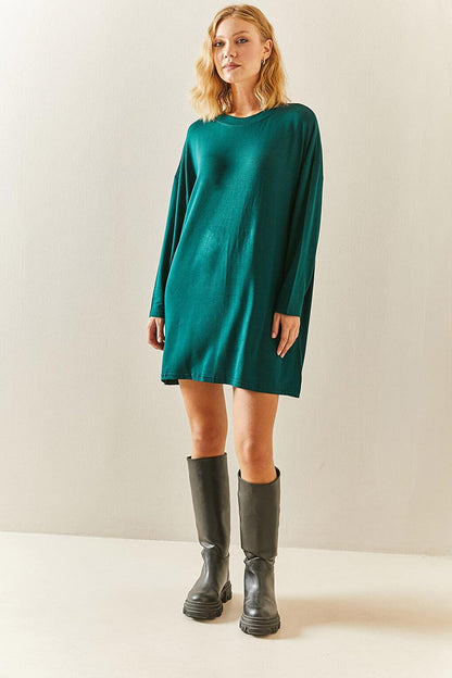 Emerald Green Crew Neck Flowy Knitted Dress 3YXK6-47544-44