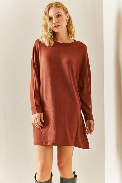 Brown Crew Neck Flowy Knitted Dress 3YXK6-47544-18