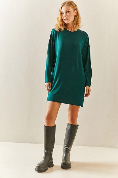 Emerald Green Crew Neck Flowy Knitted Dress 3YXK6-47544-44