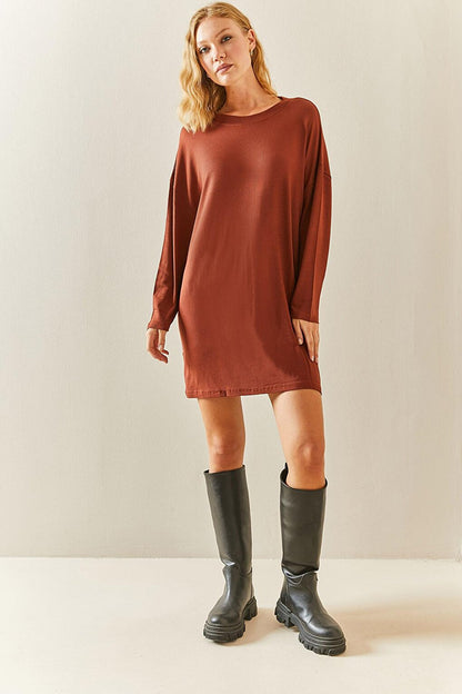 Brown Crew Neck Flowy Knitted Dress 3YXK6-47544-18