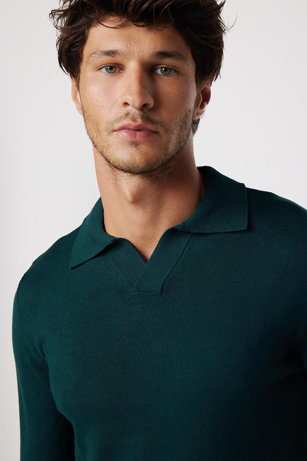 Slim Fit Narrow Cut Polo V-Neck Green Men's Sweater