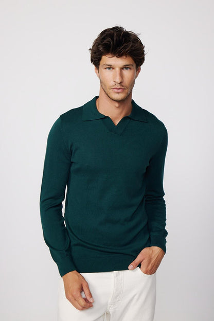 Slim Fit Narrow Cut Polo V-Neck Green Men's Sweater