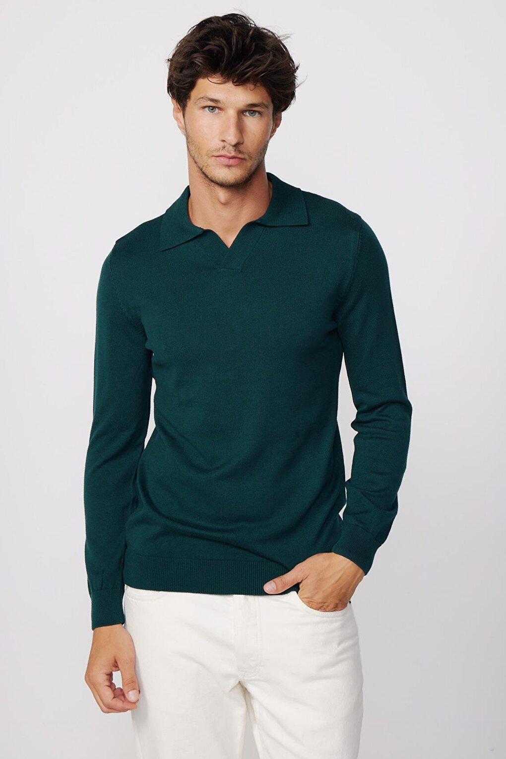 Slim Fit Narrow Cut Polo V-Neck Green Men's Sweater