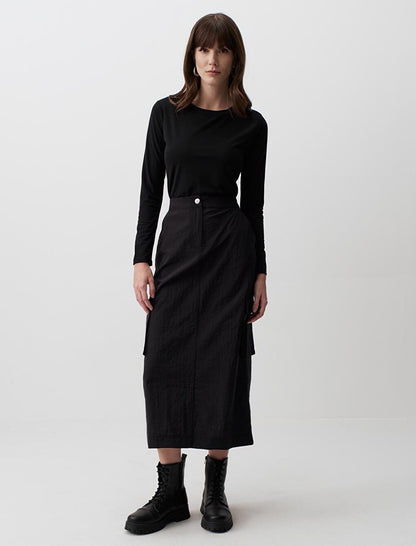 Black High Waist Cargo Midi Skirt