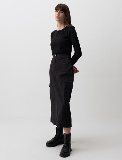 Black High Waist Cargo Midi Skirt