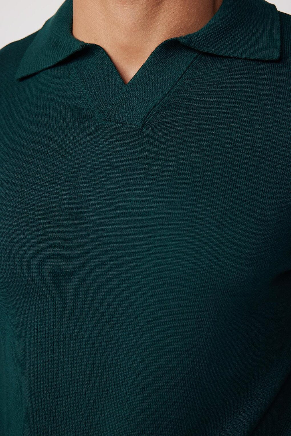 Slim Fit Narrow Cut Polo V-Neck Green Men's Sweater