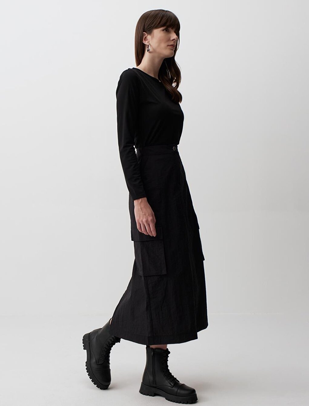 Black High Waist Cargo Midi Skirt