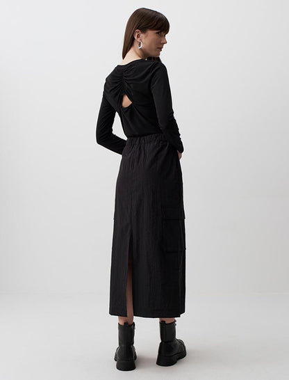 Black High Waist Cargo Midi Skirt