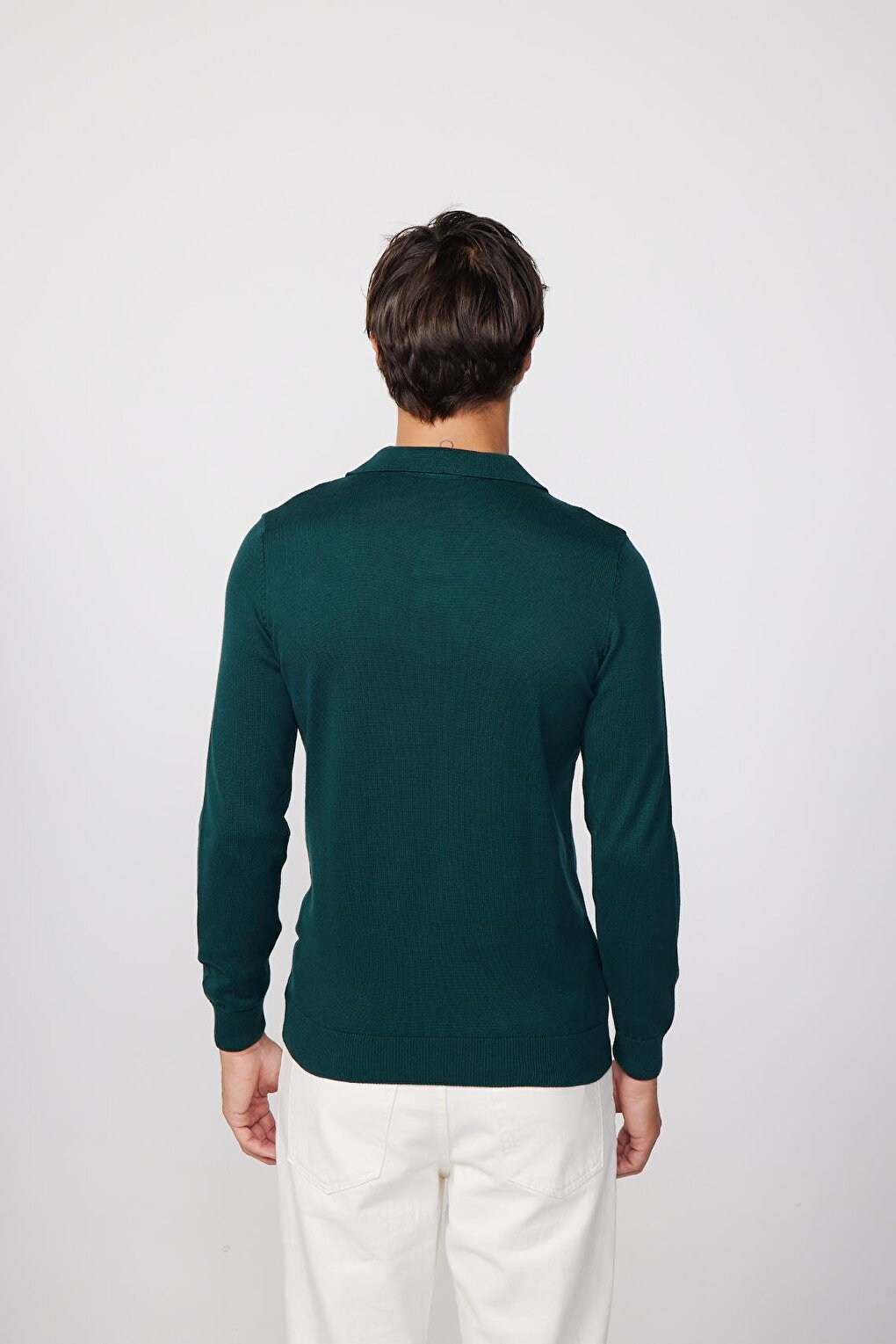 Slim Fit Narrow Cut Polo V-Neck Green Men's Sweater