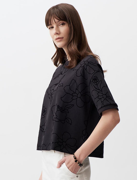 Black Crew Neck Short Sleeve Floral Sweatshirt