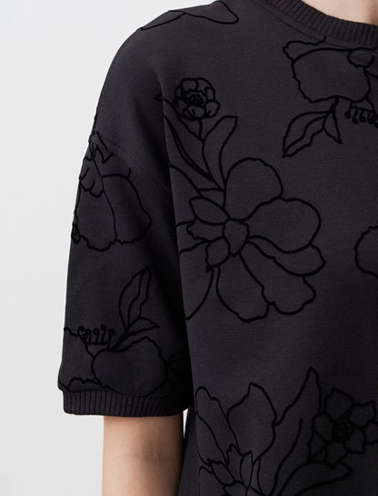 Black Crew Neck Short Sleeve Floral Sweatshirt