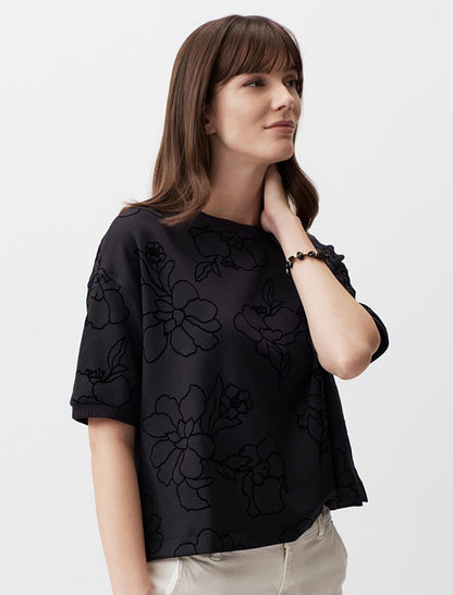 Black Crew Neck Short Sleeve Floral Sweatshirt