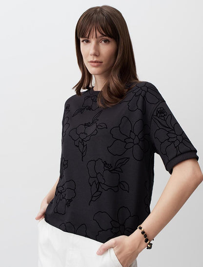 Black Crew Neck Short Sleeve Floral Sweatshirt