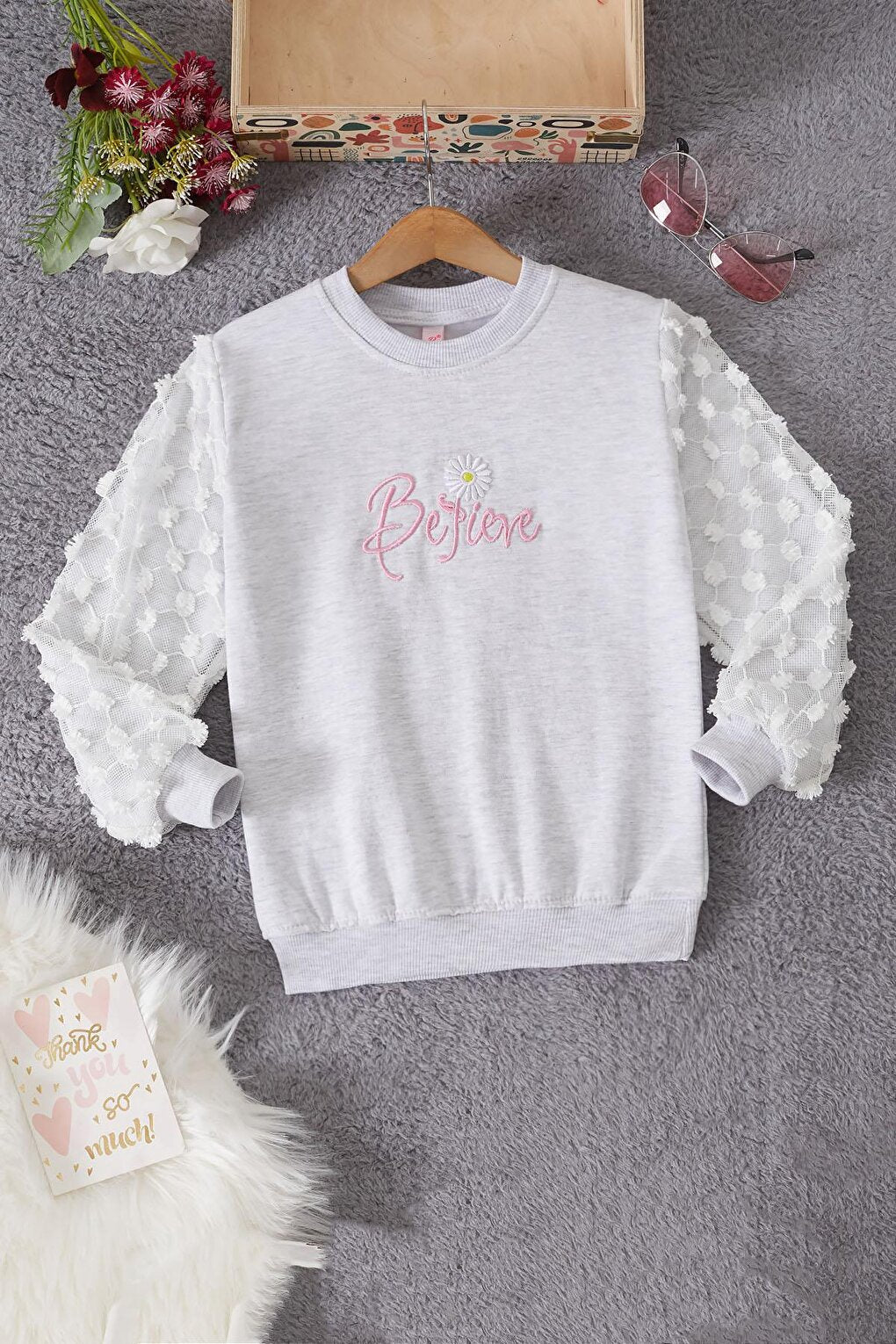 Gray Daisy Embroidered Lace Sleeves Girl's Sweatshirt 17167