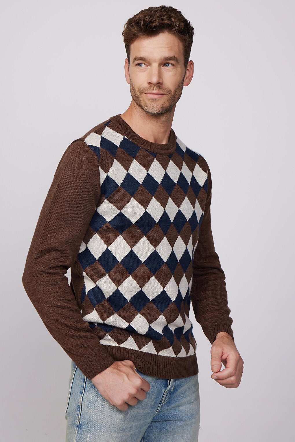 Slim Fit Crew Neck Front Patterned Men's Sweater