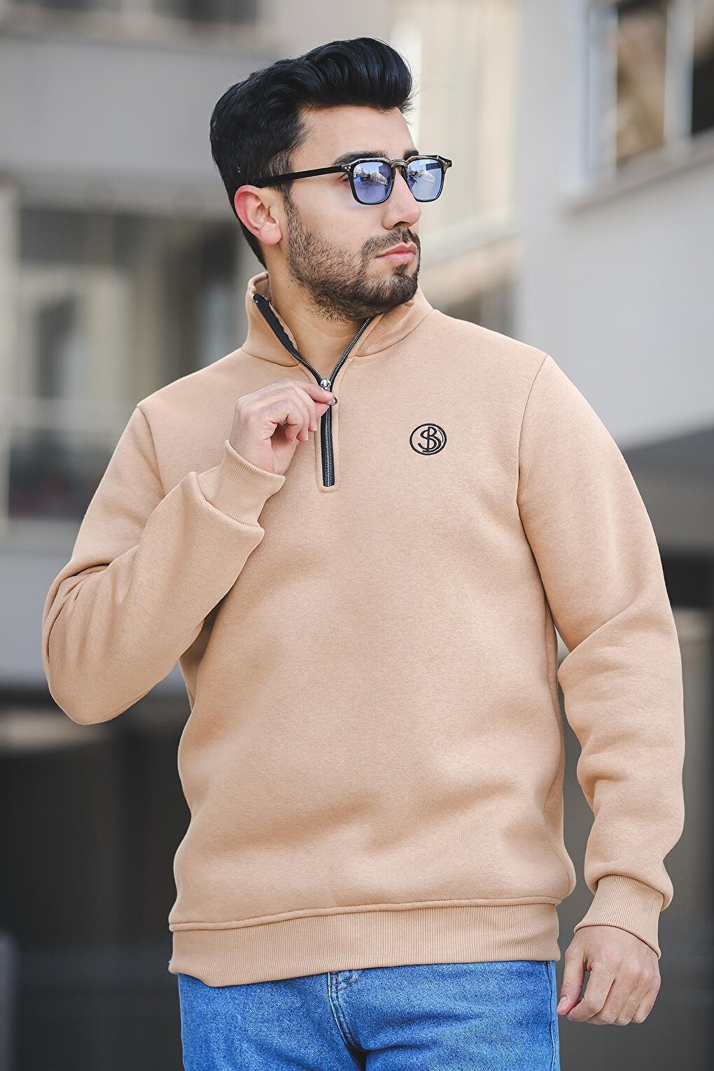 Sezza Three Thread Raised Embroidered Zippered Stand Collar Slim Fit Men's Sweatshirt