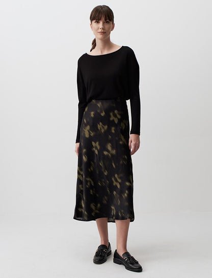 Black High Waist Patterned Stylish Midi Satin Skirt