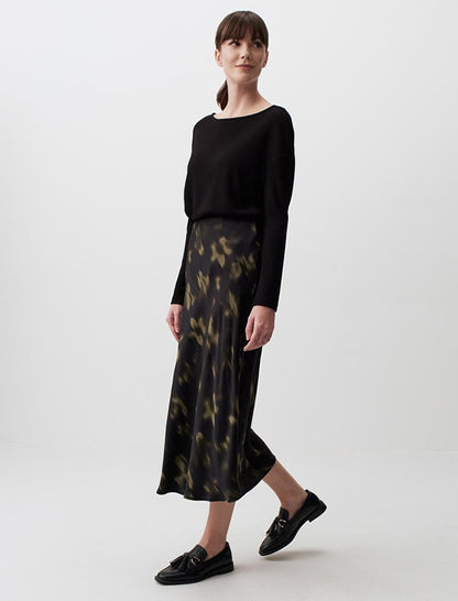 Black High Waist Patterned Stylish Midi Satin Skirt