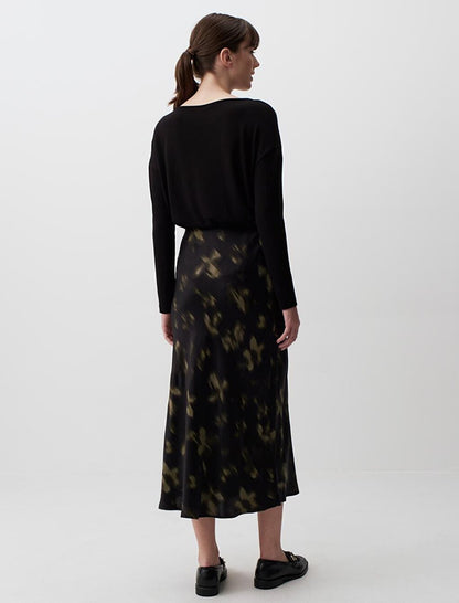 Black High Waist Patterned Stylish Midi Satin Skirt