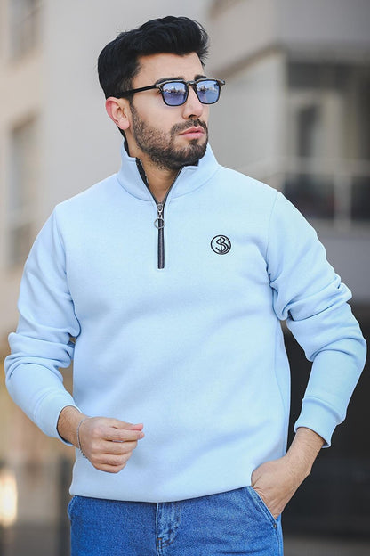 Sezza Three Thread Raised Embroidered Zippered Stand Collar Slim Fit Men's Sweatshirt