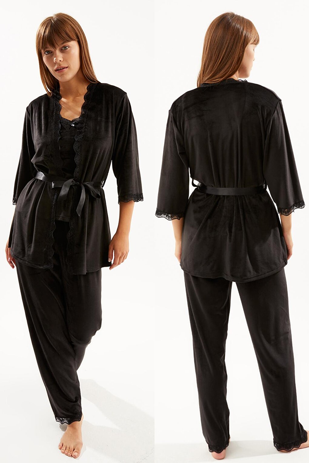 Women's Black Soft Velvet Three-quarter Sleeve Rope Suspender Trousers 3-Piece Pajama Set