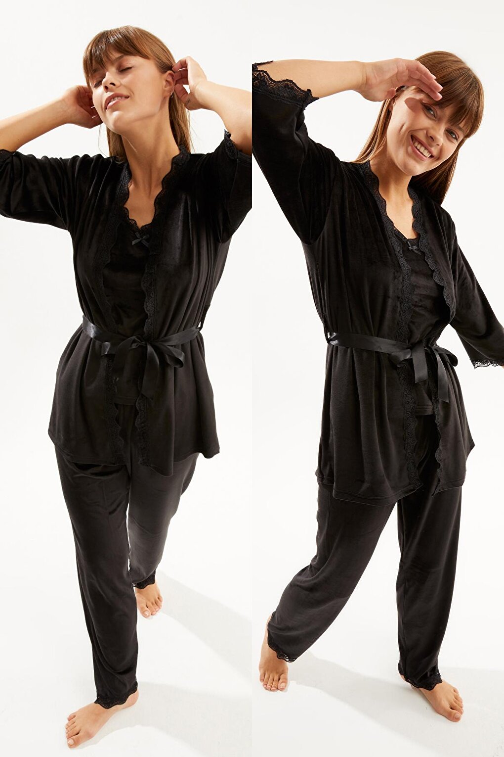 Women's Black Soft Velvet Three-quarter Sleeve Rope Suspender Trousers 3-Piece Pajama Set